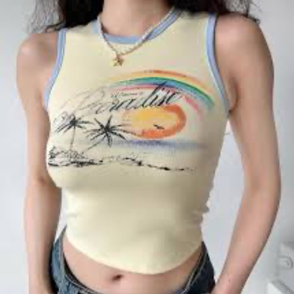 Yellow Graphic Tank Top with paradise palm tree design size S/P